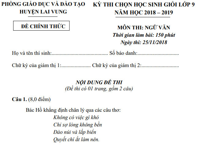 Đề thi chọn học sinh giỏi cấp huyện môn Ngữ văn 9 năm 2018-2019 có đáp án - Phòng GD&ĐT huyện Lai Vung