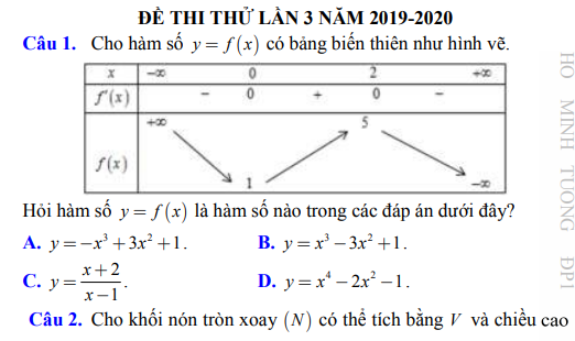  Đề thi thử THPT quốc gia môn Toán lần 3 năm 2019-2020