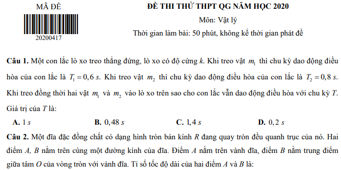 Đề thi thử THPT quốc gia môn Vật lý năm học 2020