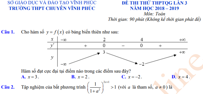Đề thi thử THPTQG môn Toán năm học 2018-2019 – Trường THPT chuyên Vĩnh Phúc