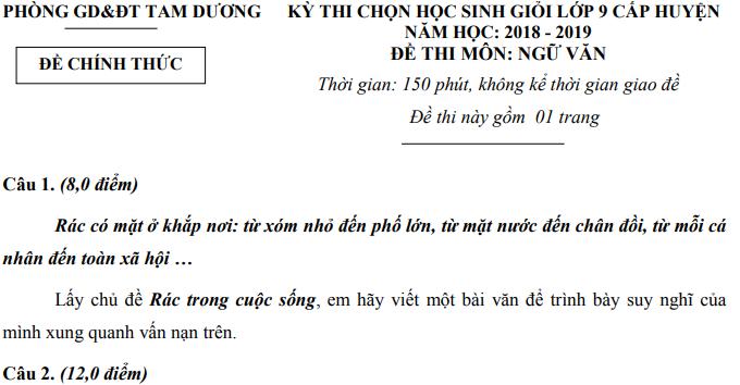 Đề thi chọn học sinh giỏi cấp huyện môn Ngữ văn 9 năm 2018-2019 có đáp án - Phòng GD&ĐT Tam Dương